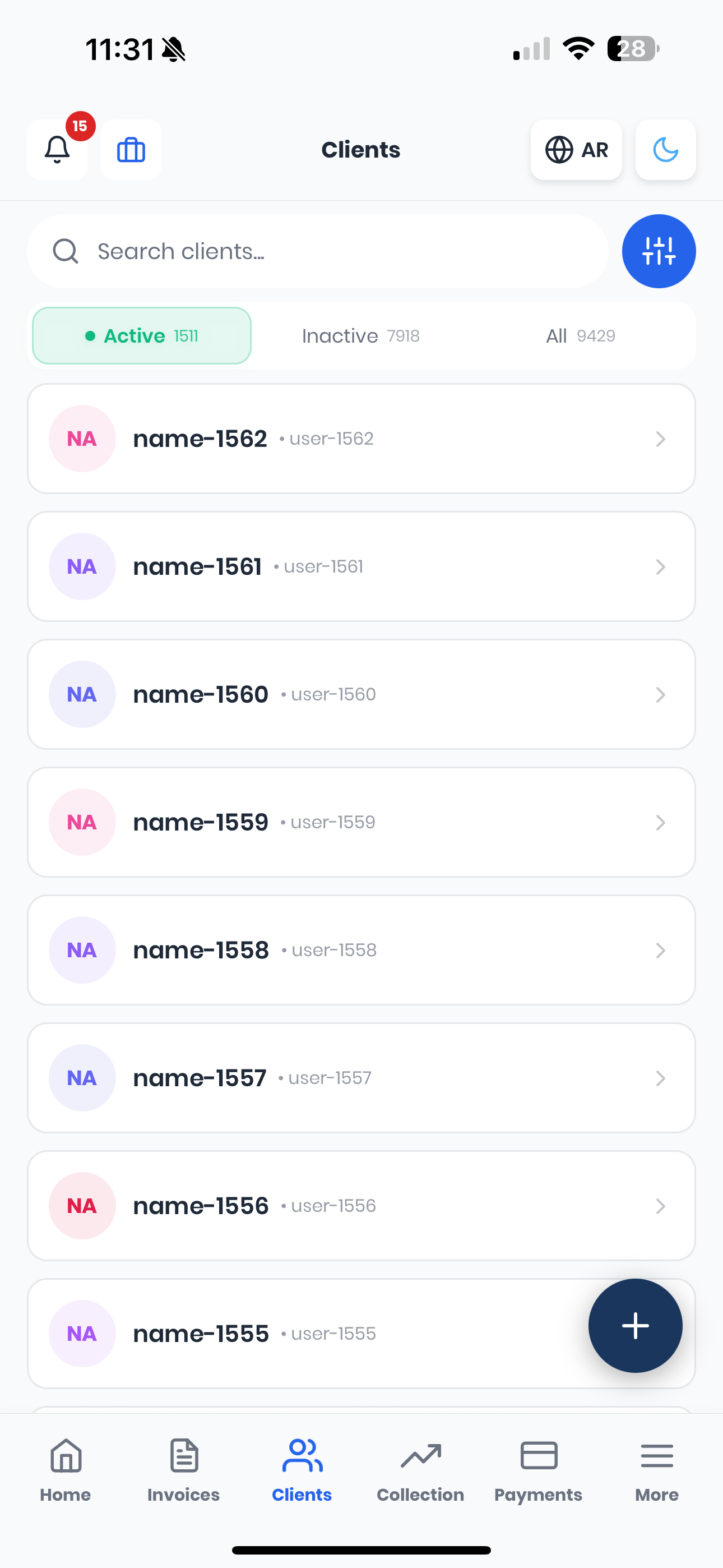 Clients screen